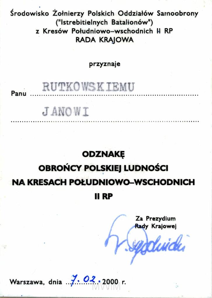 KKE 3272-2.jpg - Legitymacja ZKRPiBWP Zarząd główny " Odznaka Obroncy Polskiej Ludności na Kresach Południowo-Wschodnich IIRP, Jana Rutkowskiego, Warszawa 2000 r.